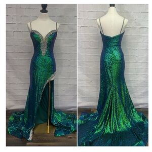 Elegant Green and Blue Sequin Evening Gown